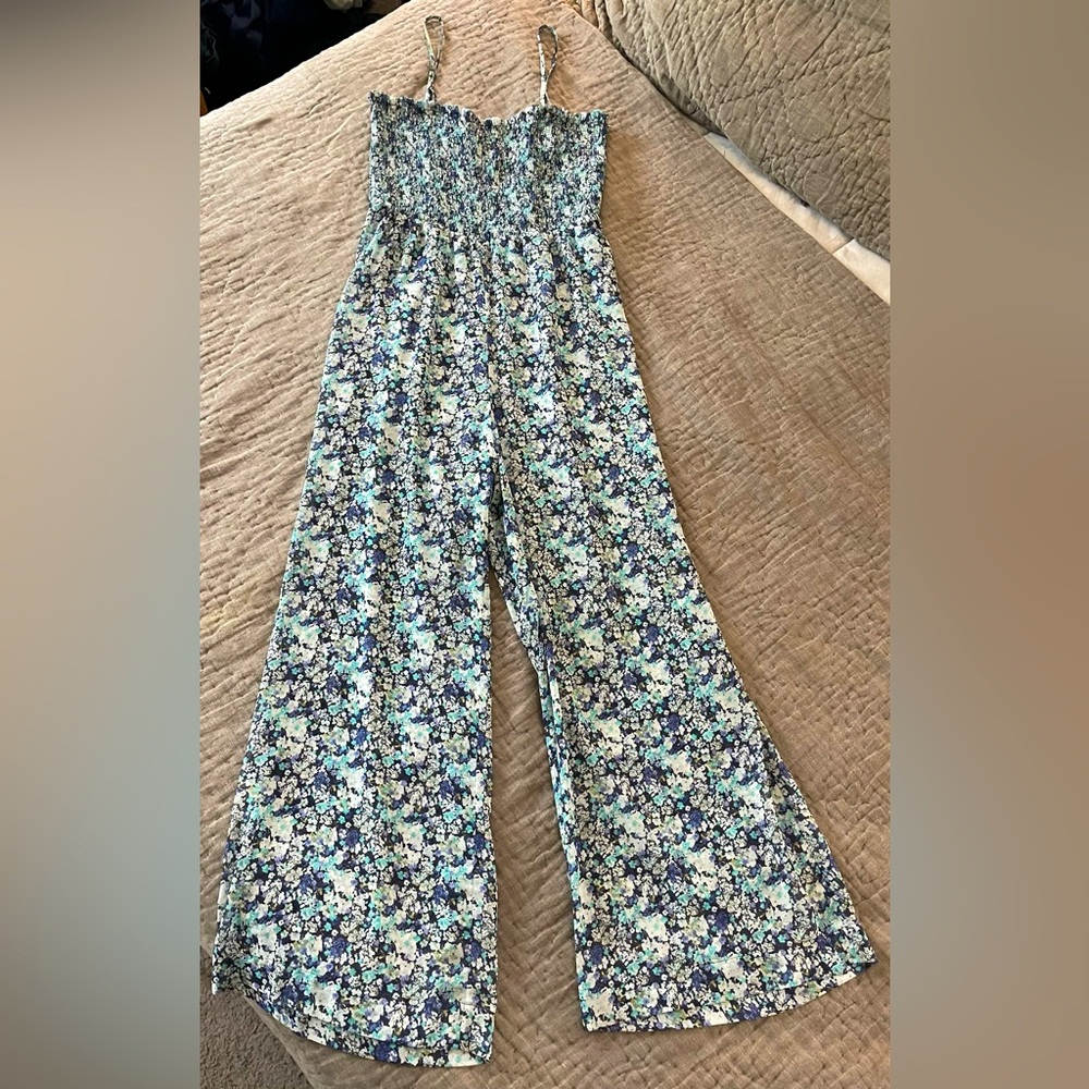 Zara Intimates Multicolor Floral Pajama Jumpsuit Small/Medium Blue White Smocked